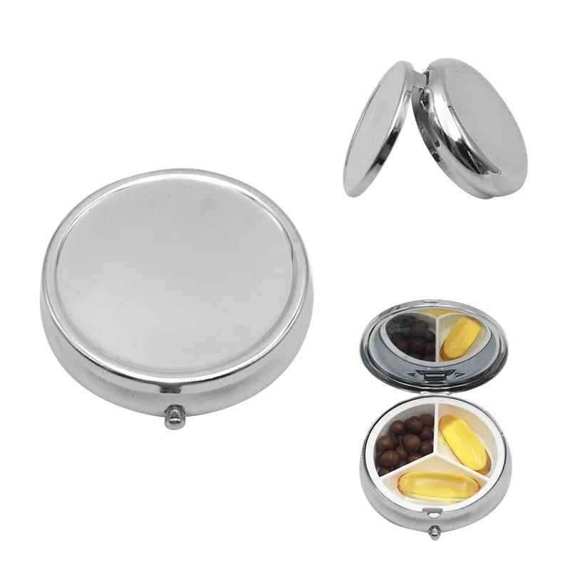 Portable Round Metal Pill Box 3 Compartments Pill Container Travel Pill Case Organizer