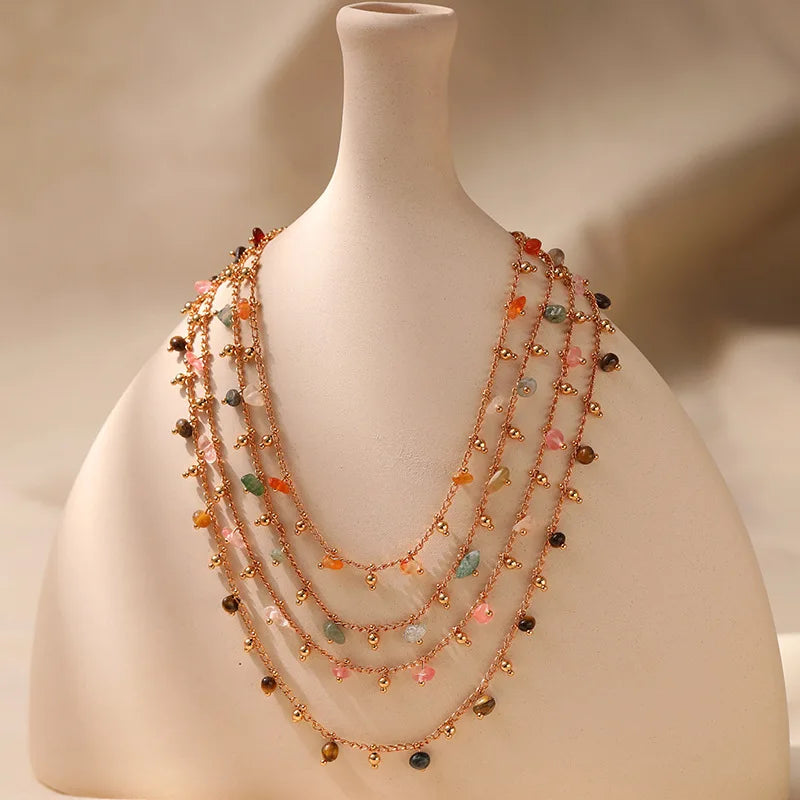 Boho Style Colorful Irregular Stone Necklace Simple Ethnic Style Copper Plated 18K Gold Chain Necklace for Women