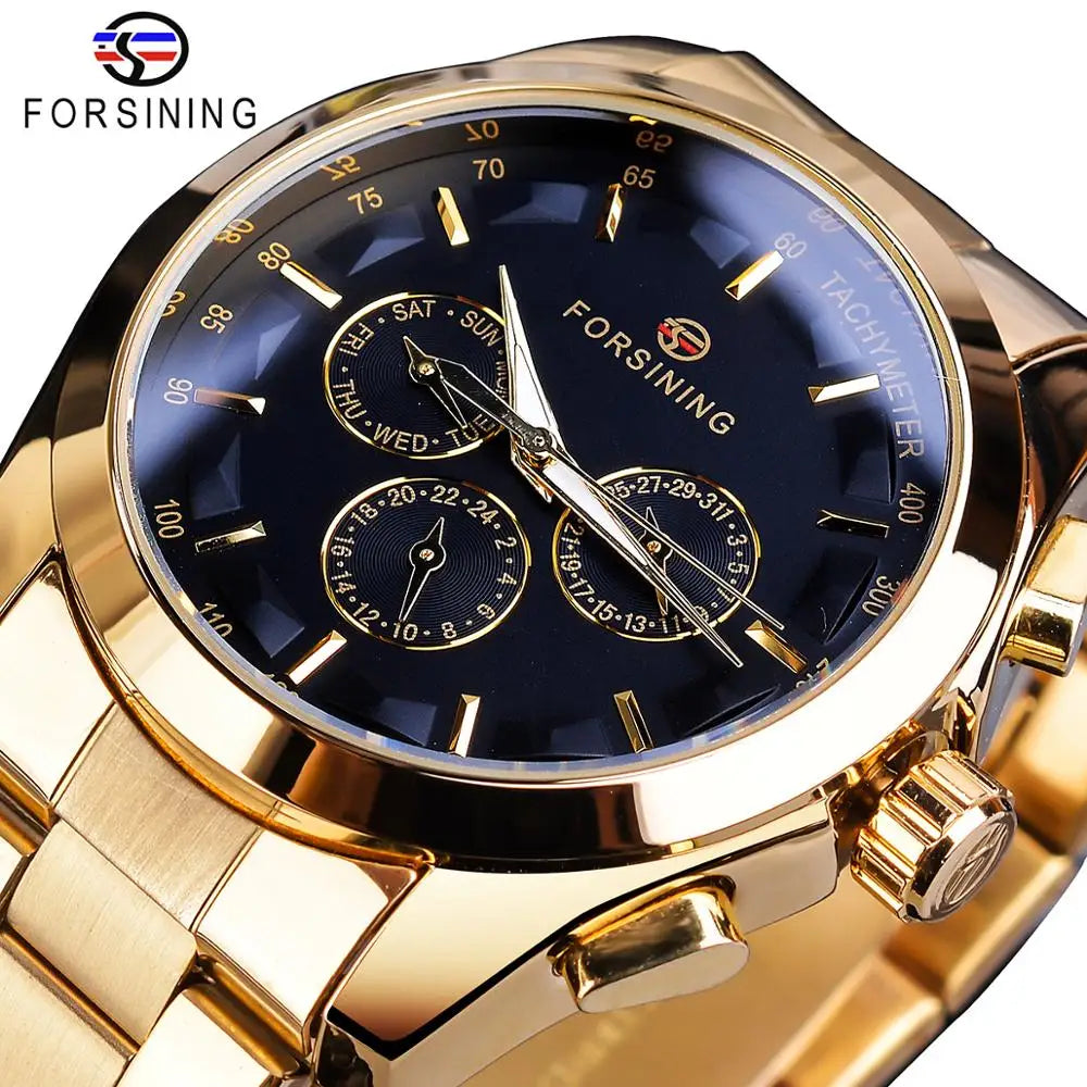 Forsining Men's Oval-Shaped Automatic Wristwatch Three Eyes Six Needles Fashion Steel Band Day for Business Sport Relogio