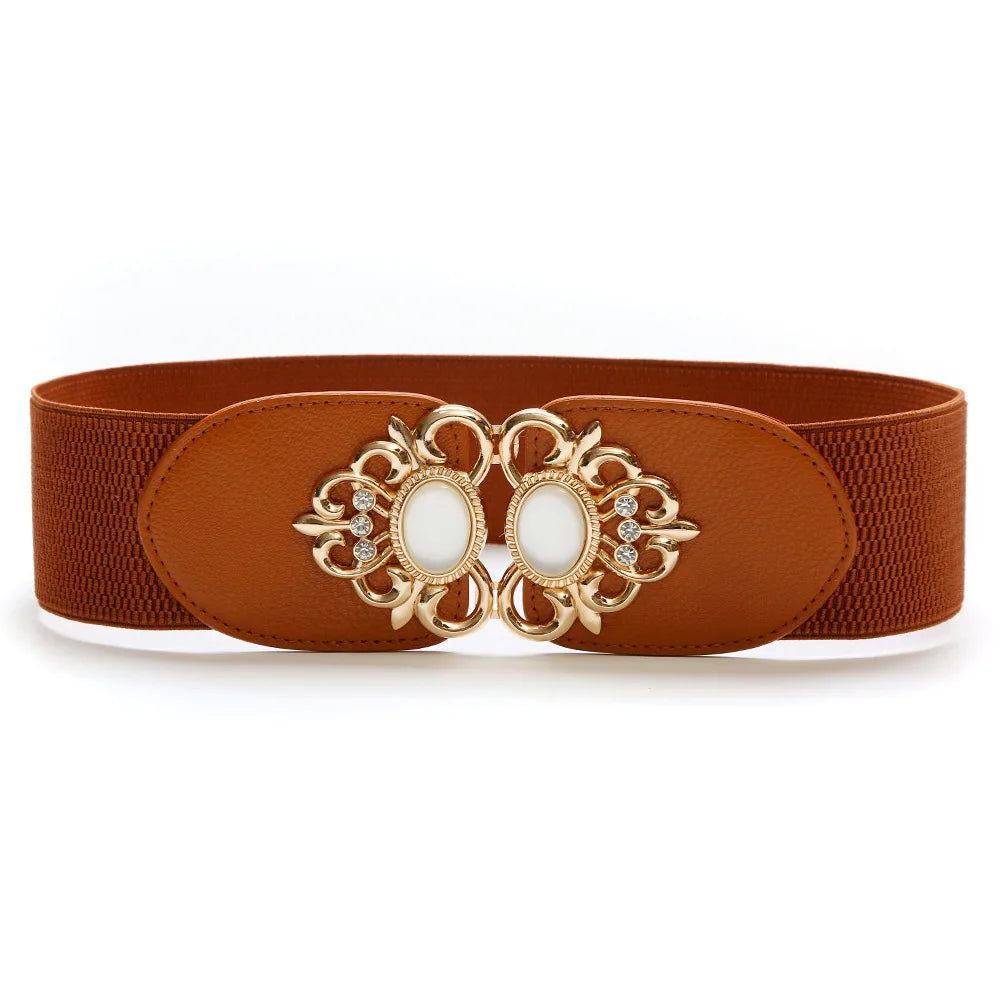 Vintage Elastic Wide Waist Belt for Women Stretchy with Alloy Buckle for Dresses