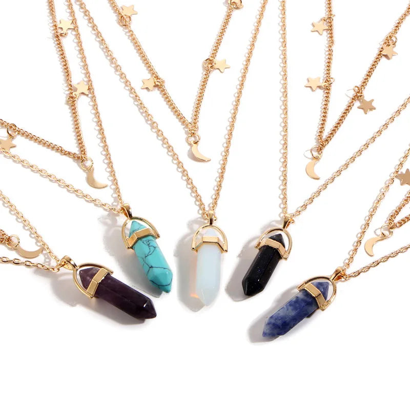 Multi Hexagon Natural Stone Pendant Jade Necklace Jewelry for Ladies