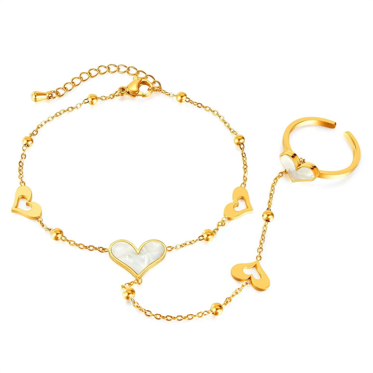 Stainless Steel Waterproof Integrated Jewelry 18k Gold Plated Mother Shell Heart Shaped Ring Back Chain YF6109