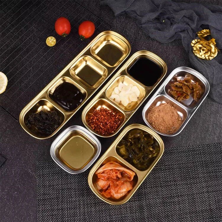 304 Stainless Steel Eco-Friendly Korean BBQ Accessories Dipping Sauce Plate Thickened Gold Hot Pot Divided Seasoning Dish