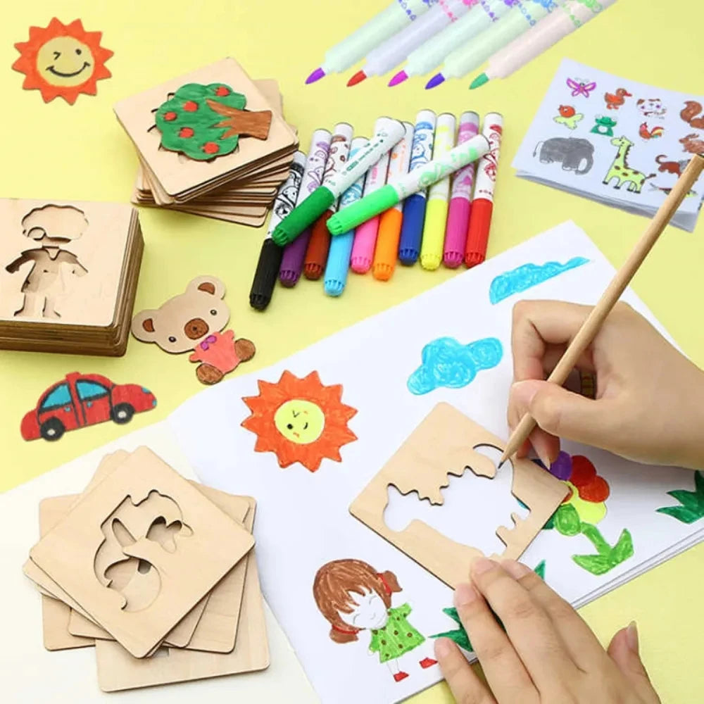 Hot Selling Carfts Developing Intelligence Drawing Toys Wooden DIY Painting Template Stencils for Children Learning