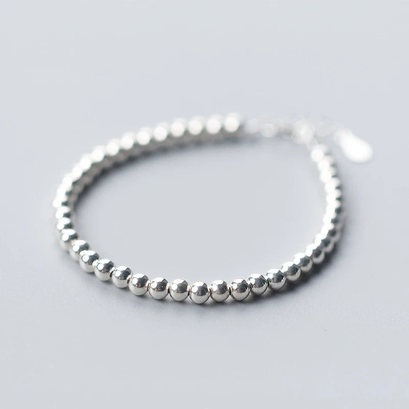 925 Sterling Silver 4mm Smooth Beads Beaded Bracelets for Girls Fashion Accessories Gift
