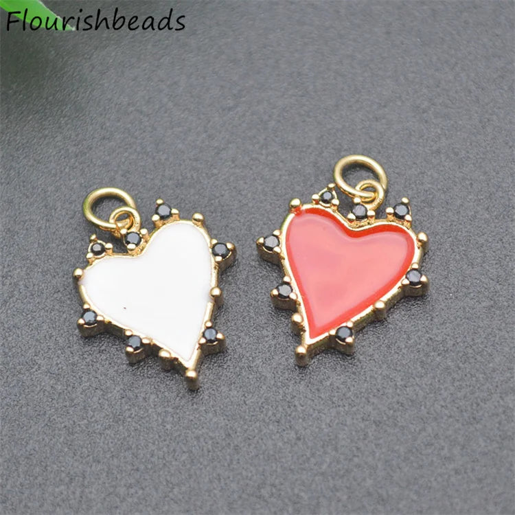 Jewelry Accessories Anti Rust Nickel Free Gold Plated Black CZ Pave White Red Enamel Heart Charms Pendants for Necklace Earring