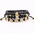 New Luxury Bracelet CZ Pave Square Crown Charm Black Agate Beads Macrame Bracelet Set Men