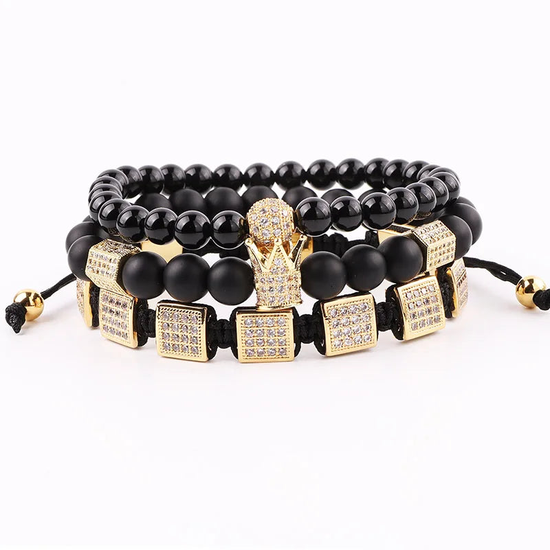New Luxury Bracelet CZ Pave Square Crown Charm Black Agate Beads Macrame Bracelet Set Men