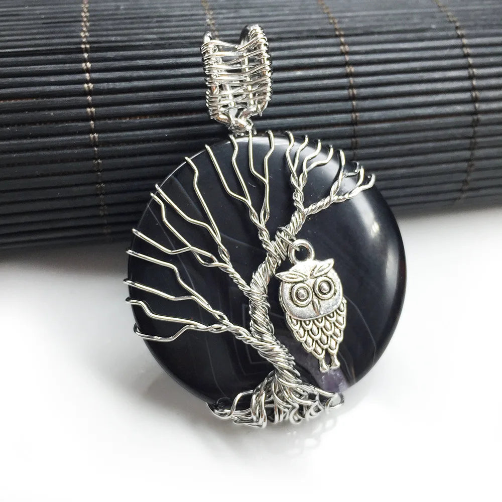 Hongzhuo New Natural Healing Crystal Pendant for Women Wire Wrapped Jewelry Tree Of Life black agate Owl Necklace Pendant Jewelry
