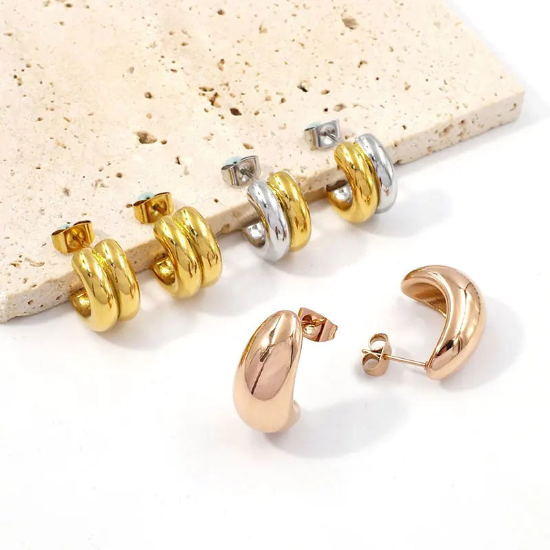 Fashion Minimalist Stainless Steel Jewelry Wholesale 18K Gold Plated Tarnish Free C Shape Ear Rings Rose Stud Earrings for Women