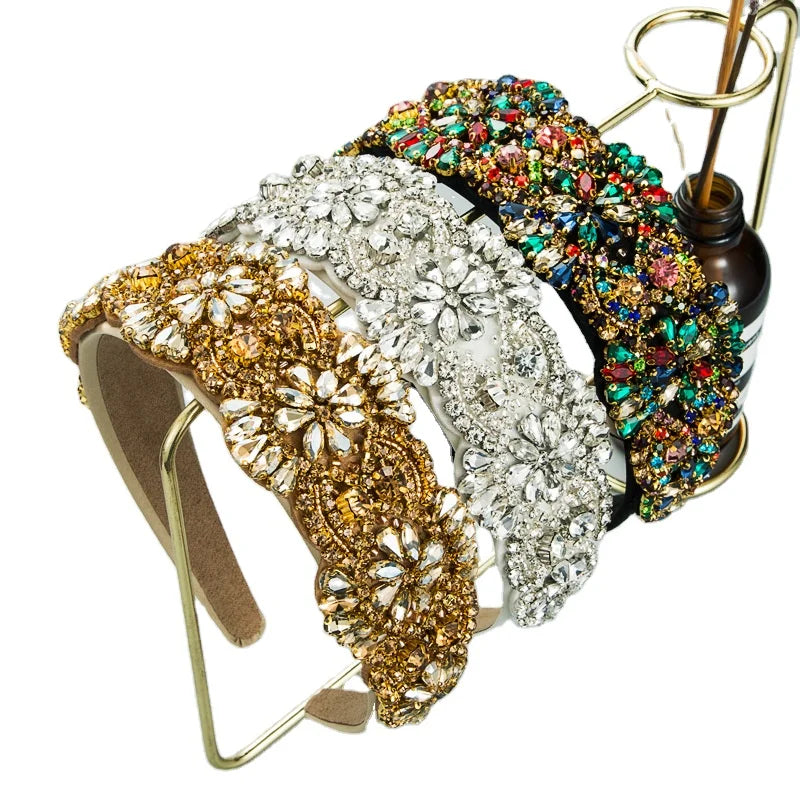 Baroque Retro Personality Designer Headbands Sewn Stained Glass Drill Floral Cloth Bride Heavy Hairband for Women