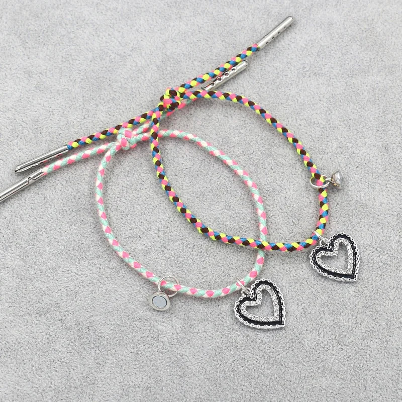 Colorful Woven Rope Diamond-Inlaid Heart-Shaped Pendant Charm Bracelet Set with Magnet Ball