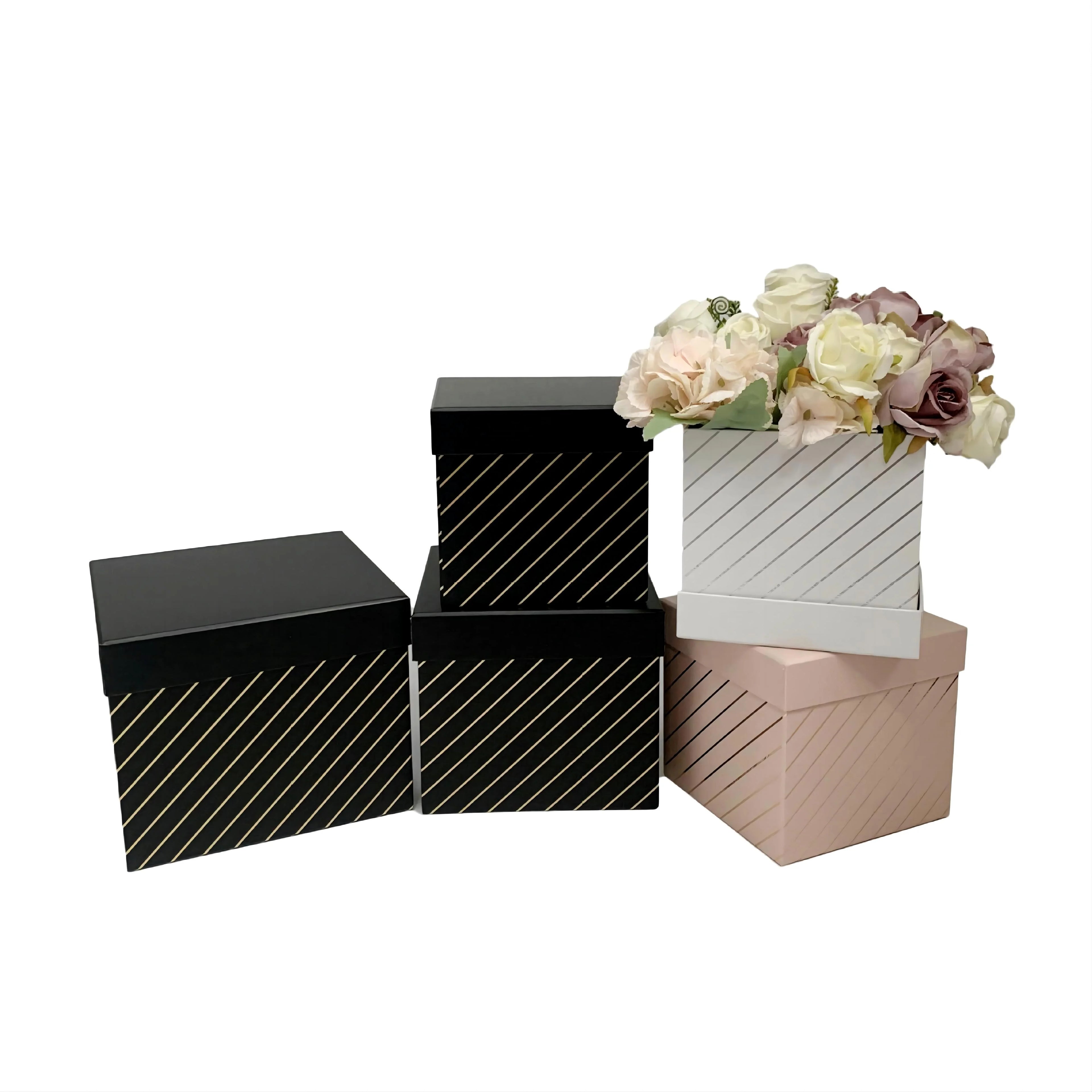 Hot New Gold Line Square Flower Box Set Spot Fashion 3 Flower Gift Packing Box Embossed Coated Paper