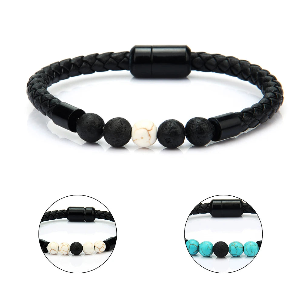 Newest Beaded Bracelet Men's and Women's Leather Cord Stainless Steel Magnetic Buckle Bracelet