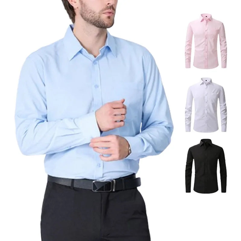 RNSHANGER Spring Men's Dress Shirts New Stretch Long Sleeve Classic Design Business Shirts Fashion Solid Color Work Wear Shirt