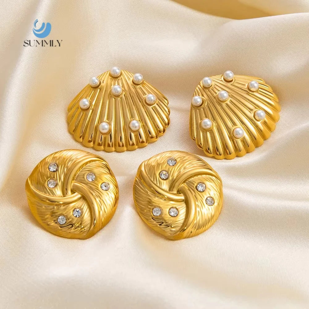 SUMMLY Vintage Wholesale Personalized Shell Shape Imitation Pearl 18K Gold Plated Stainless Steel Earrings Fashion Jewelry