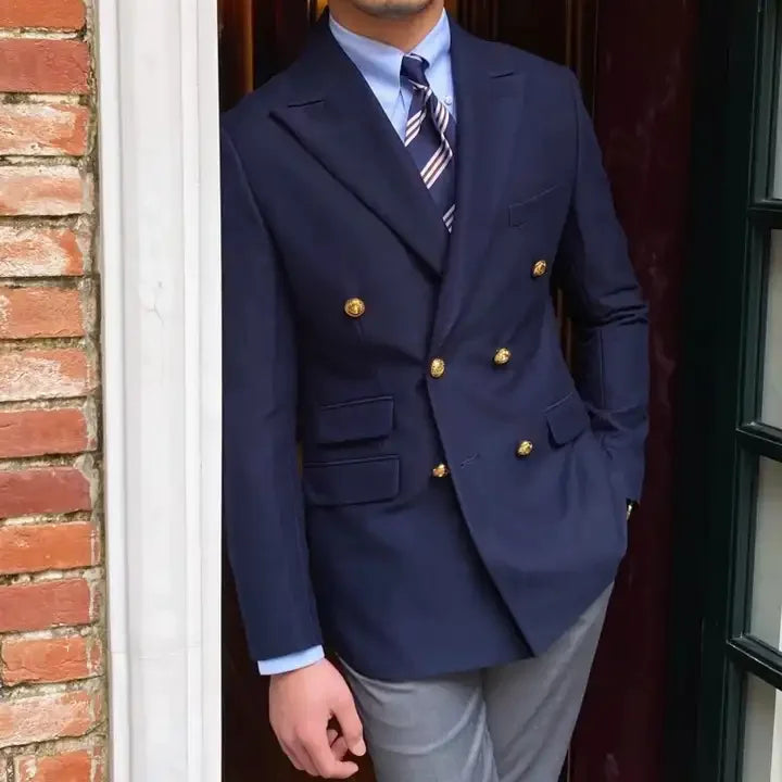 Navy Blue Black British Men Suits 2 Pieces Set Fashion Double Breasted Slim Suit Blazer Jacket Pant Casual Trendy Men Suits