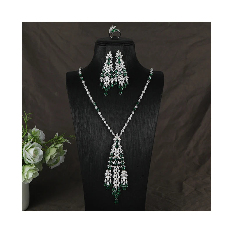 Luxury Shining Zircon Tassel Earrings Necklace Ring Set Jewellery Women Bridal Wedding Jewelry Sets