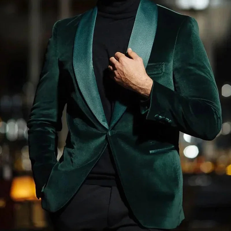 Fashion Green Velvet Classic Business Men Suit Groom Set Shawl Lapel Slim Fit Prom Party Blazer Two Pieces(Jacket+Black Pants)