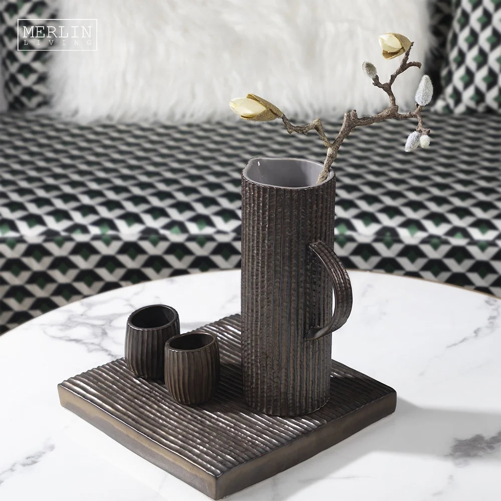 Merlin Living Textured Metal Glazed Ceramic Water Jug Set With Tea Cup Fluted Ribbed Copper Drinkware Set Tableware Home Decor
