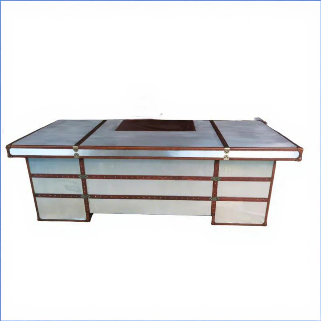 Aviation Industrial Executive Desk Metal Aluminium Genuine Leather Extendable 6 Drawers Luxury Home Office Desk