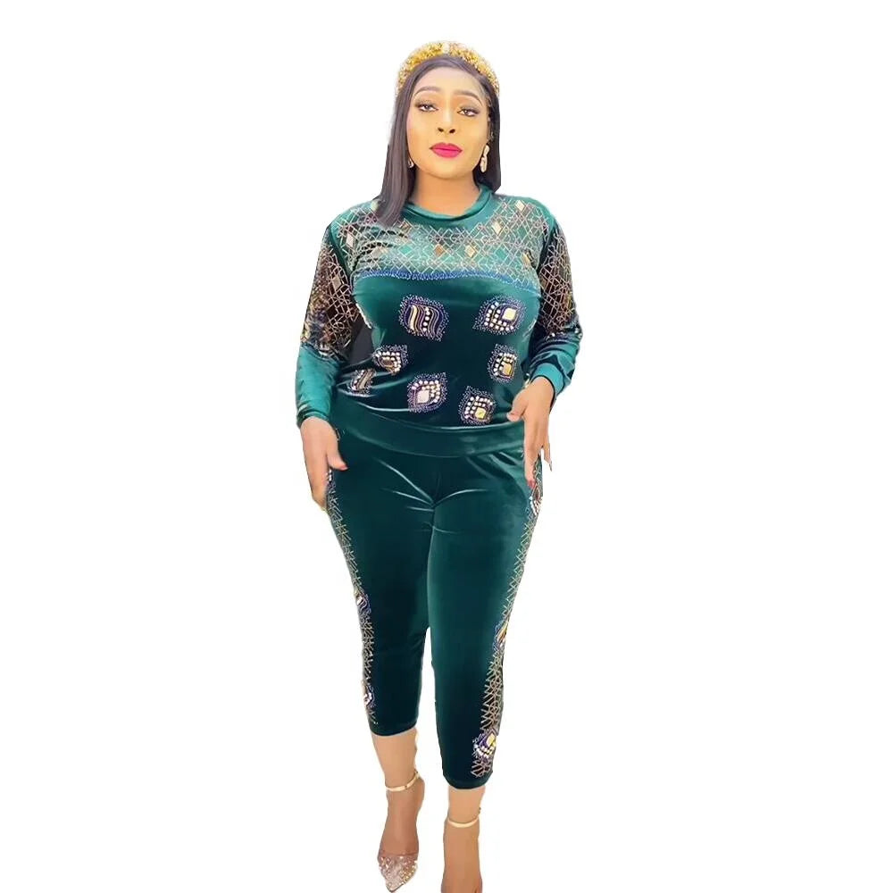 Top Fashion Luxury African Suit for Women Canary Fabric with Rhinestones Polyester South Africa's Best Women's Clothing