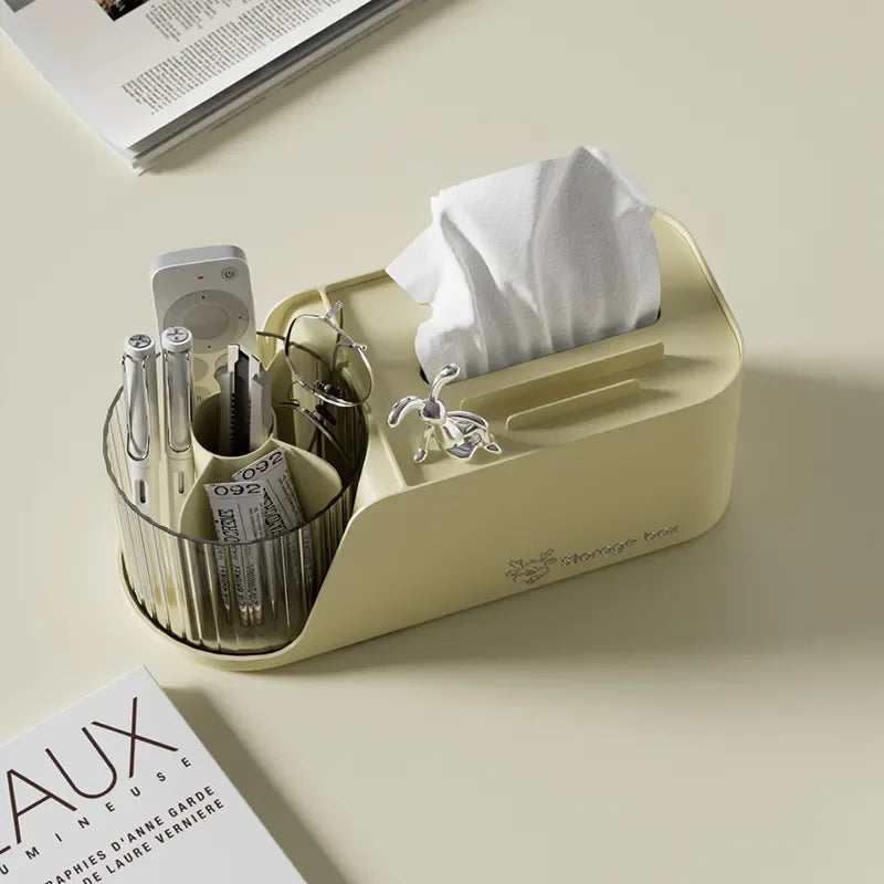 Large Capacity Multifunctional Cosmetic Stationery Tissue Box Rotary Makeup Brush Storage Bucket Lid Pencil Holder-Plastic
