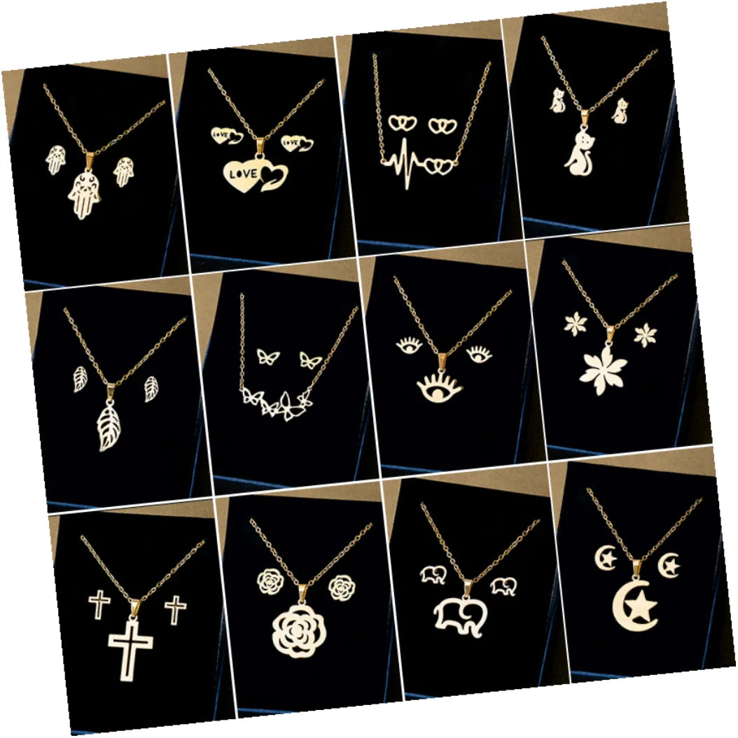 DAIHE Wholesale Dubai Bridal 18K Gold Plated Stainless Steel Pendant Necklace Earrings Jewelry Set for Women