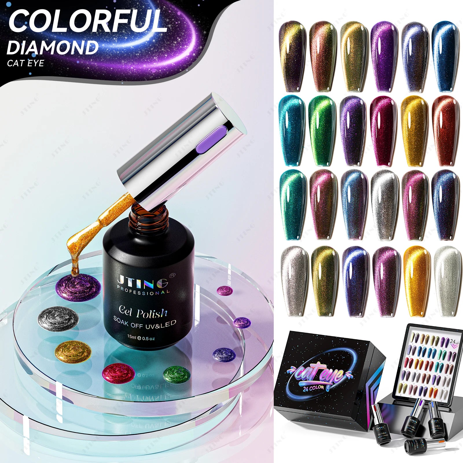 JTING Latest Popular Design Cat Eye Gel Collection Set Box 24pcs Colorful Diamond Cat Eye Gel Nail Polish with Unique Color Book
