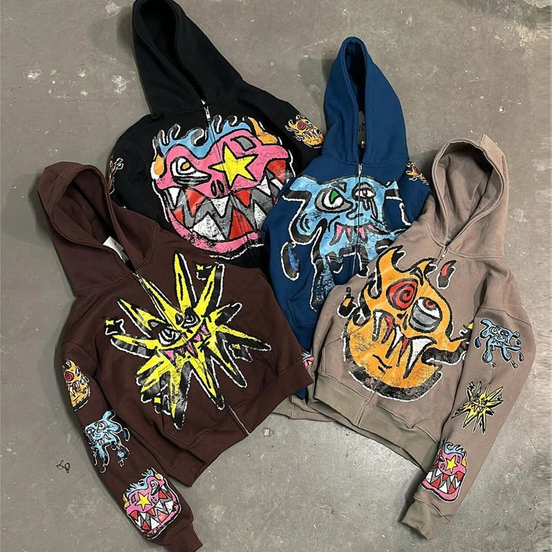 Hoodies Custom logo High Quality100% Cotton 400 500 600 Gsm Graphic Screen Printed Satin Lined Y2k Zip up Hoodie Manufacturers