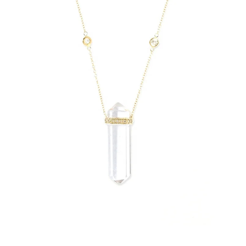Gemnel Luxury Jewelry 18k Gold Natural Quartz Gemstone Double Point White Crystal Charm Necklace