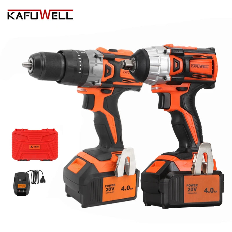 KAFUWELL PA4552A 13mm Cordless Power Tool 20v Li-ion Battery Electric Impact Drilling Machine Set With Two Batteries