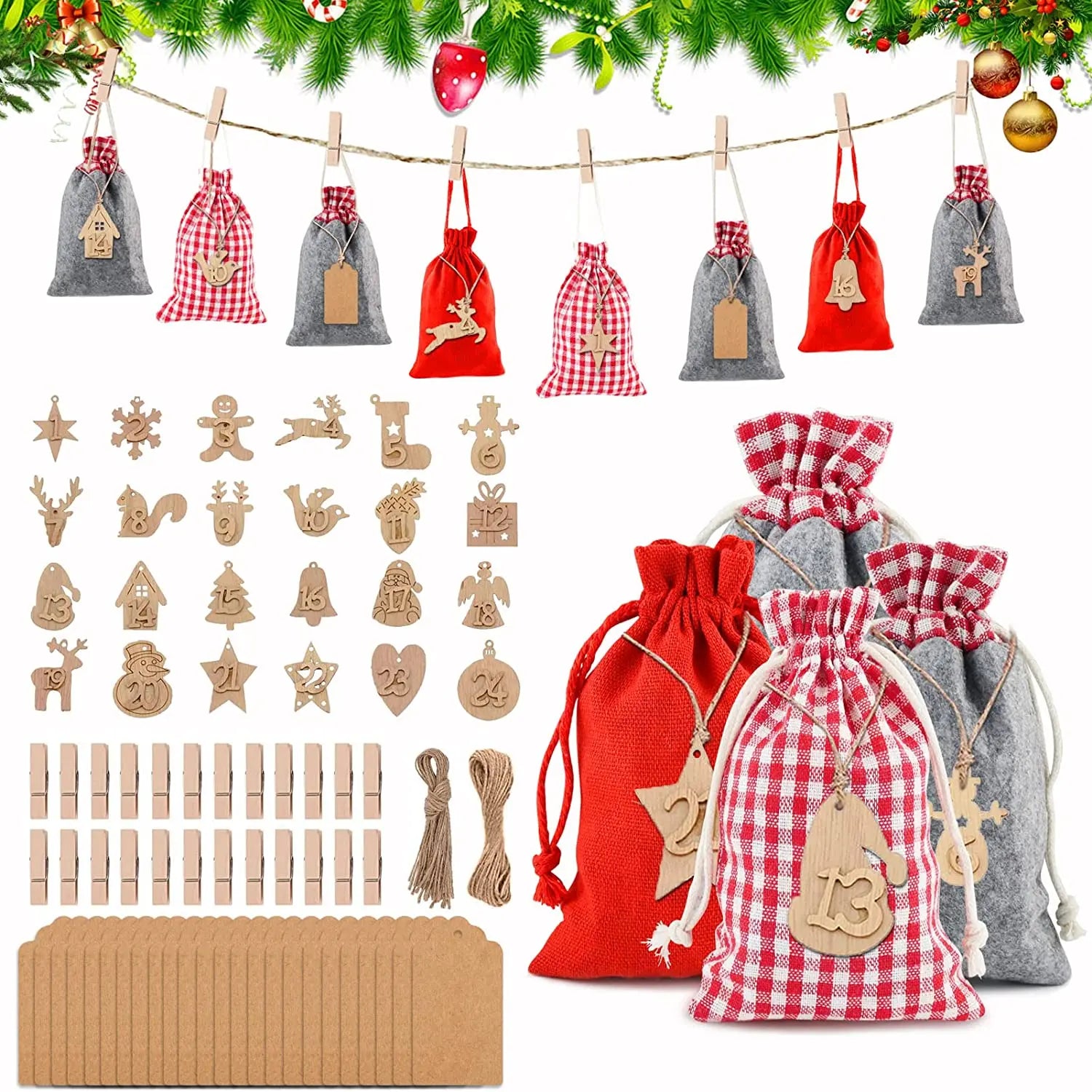 Advent Calendar Bag for Filling  24 Christmas Felt Bags and Numbers Wooden Pendants for Kids Children's Christmas Gift Bags