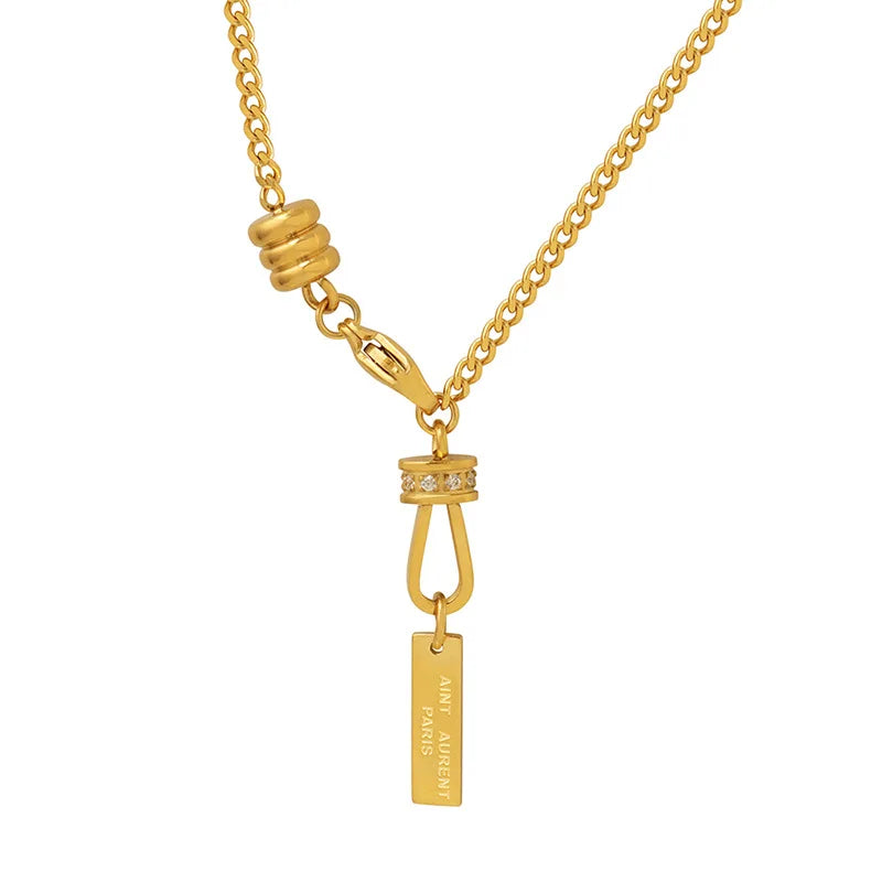 18K Gold Plated Stainless Steel Zircon U-shaped Small Square Stripe Tassel Pendant Collar Chain Texture Necklace Accessories