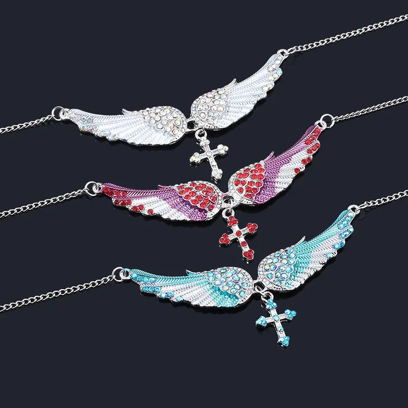 New Arrival Women's Christian Fashion Trendy Alloy Link Chain Personalized Zircon Crystal Angel Wing Cross Pendant Necklace