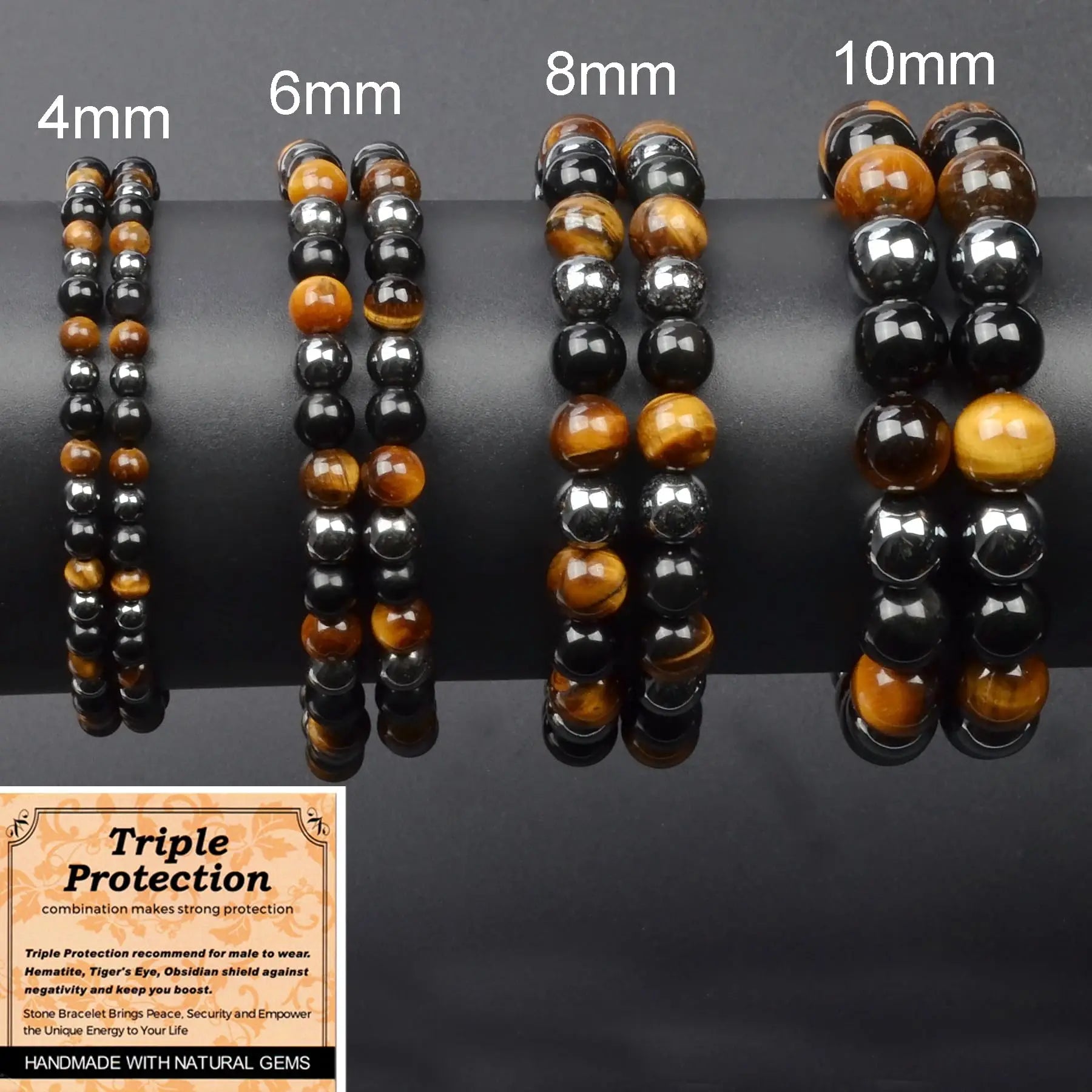 Strong Protect Natural Stone Bead Onyx Tiger Eye Hematite Triple Protection 4mm 6mm 8mm 10mm Bracelet Fashion Beaded Jewelry