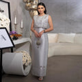 Rhinestones Dubai Silver Gray Midi Formal Evening Dress for Arabic Women Wedding Party Dress LSZ277
