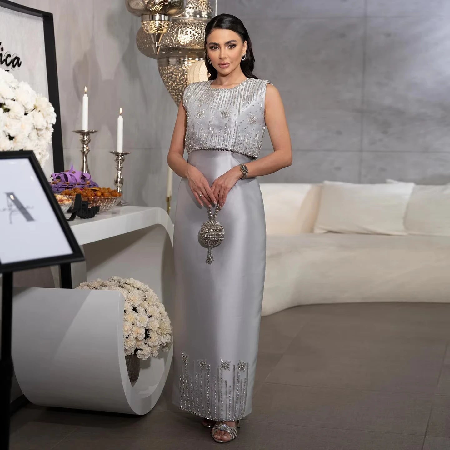 Rhinestones Dubai Silver Gray Midi Formal Evening Dress for Arabic Women Wedding Party Dress LSZ277