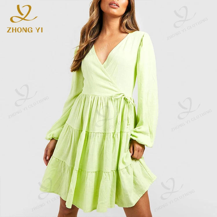 Wholesale 2025 New Arrival Product Trending Green Color V Neck Long Sleeve Elastic Cuff Women Summer Casual Linen Short Dresses
