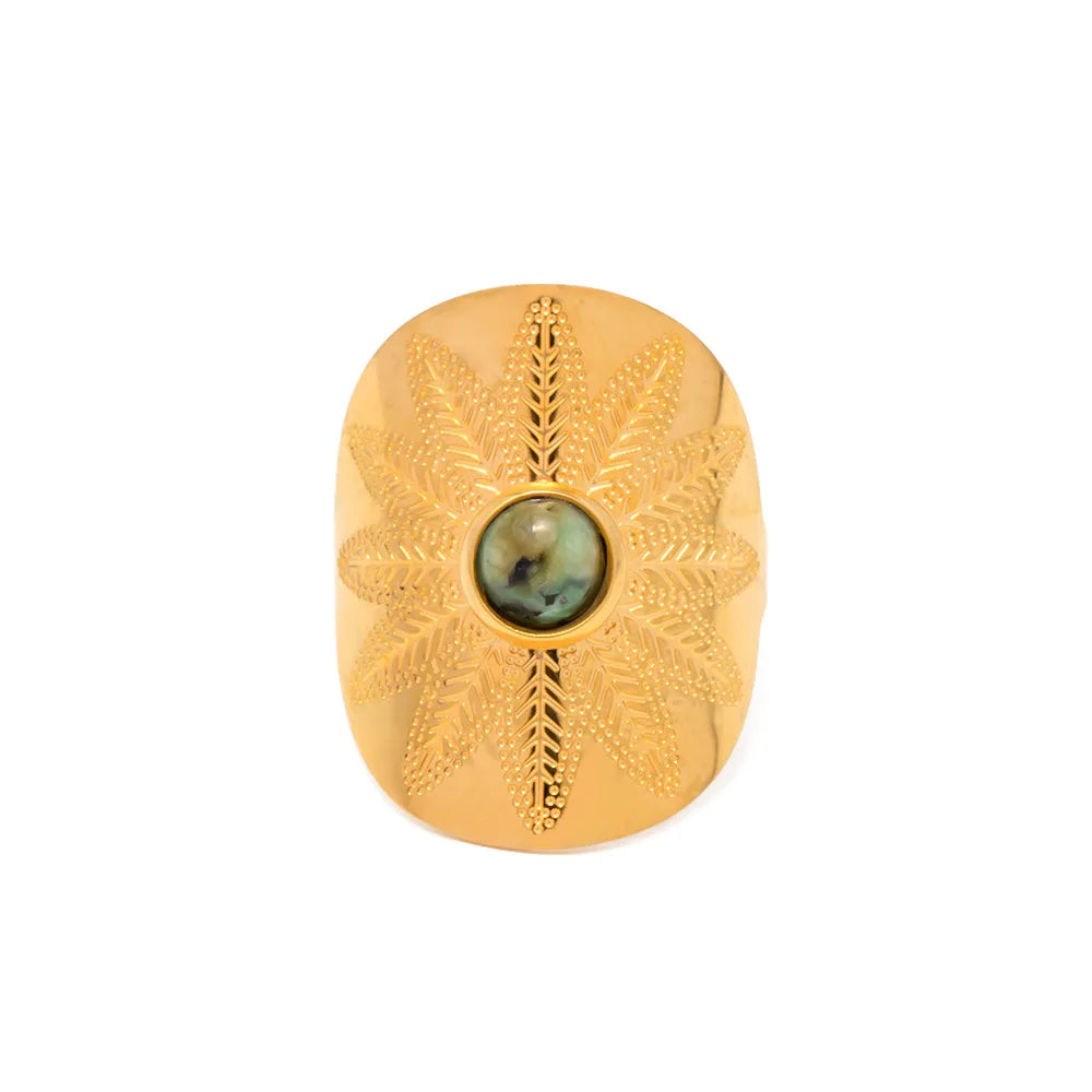 Fashion Green Natural Stone Opening Rope Ring Stainless Steel Flower Leaves Ring Hot Selling Vintage Turquoise Ring Jewelry