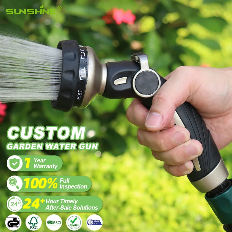 SUNSHINE Heavy Duty Zinc Alloy Garden Hose Nozzle 9 Pattern Thumb Control Water Spray Gun for Professional Irrigation Metal Body