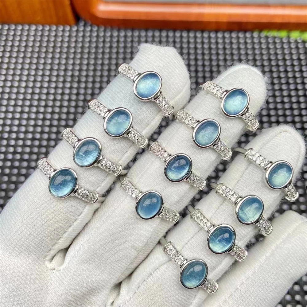 Hot Selling Bohemian Style Blue Crystal Aquamarine 7*9mm Oval Silver Plated Daily Ring Adjustable Women's Gift