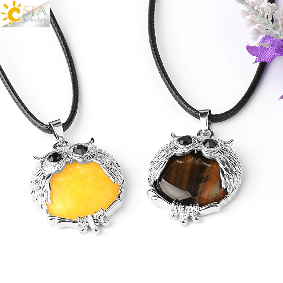 CSJA New Design Natural Amethyst Stone Owl Pendant Necklace G803