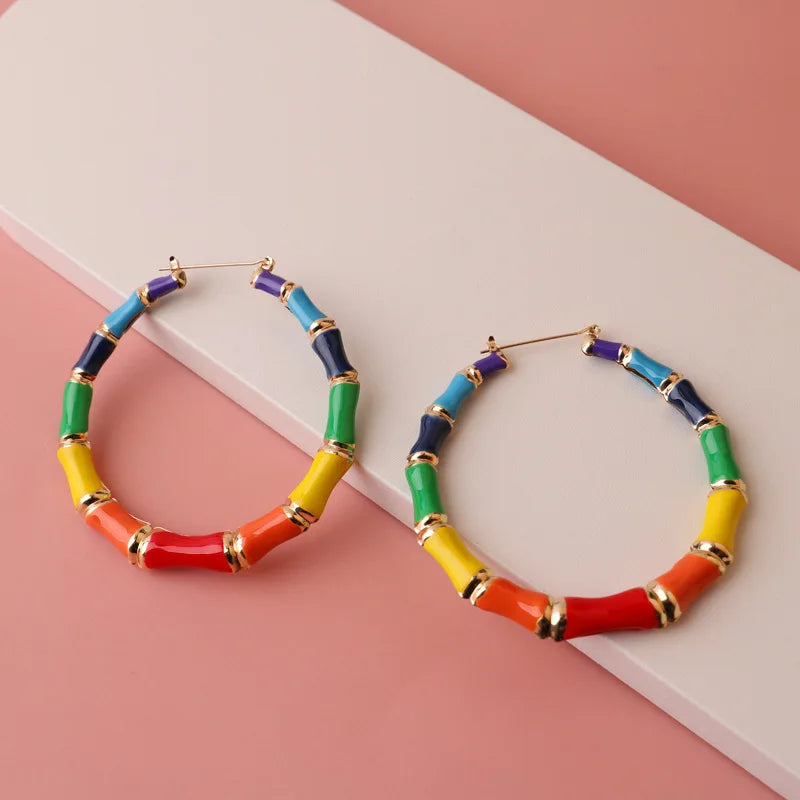HANSIDON Wholesale New Punk Personalized Drop Glaze Hoop Earrings Large Enamel Color Bamboo Earrings for Women