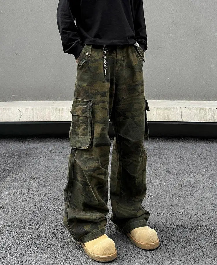 Men's Street Style Cargo Pleated Straight Pockets Breathable Heavyweight Canvas Loose Fit Pants Mid Waist Zipper Fly OEM Service