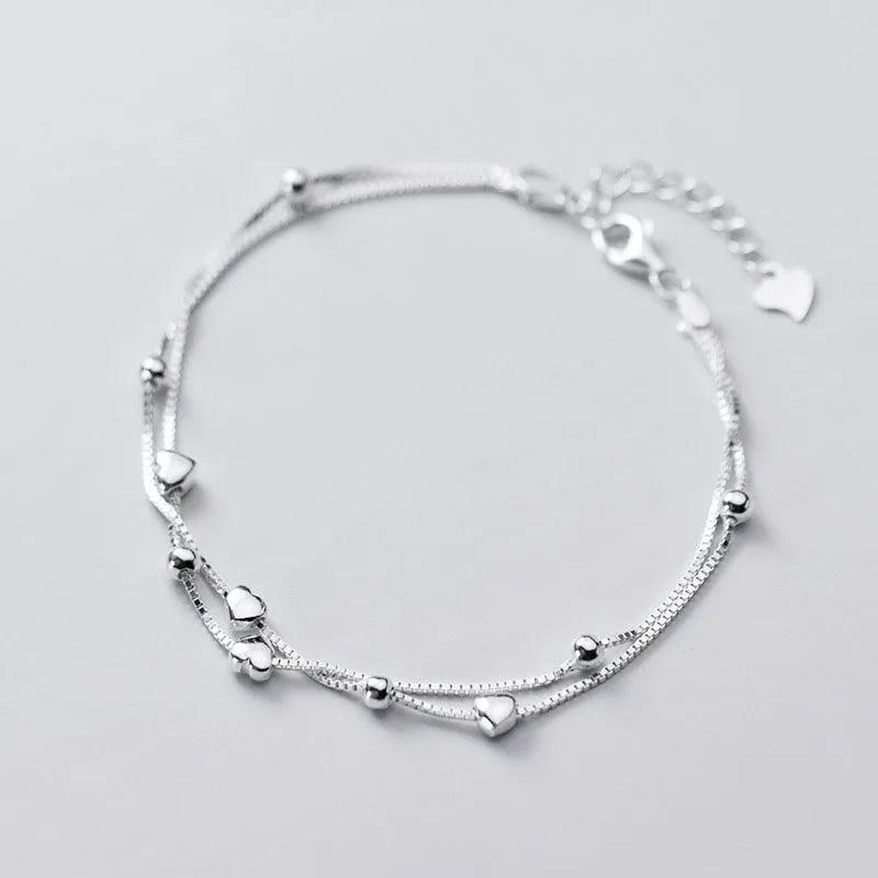 925 Sterling Silver Women Foot Jewelry Double Layer Box Chain Heart Shape Anklet