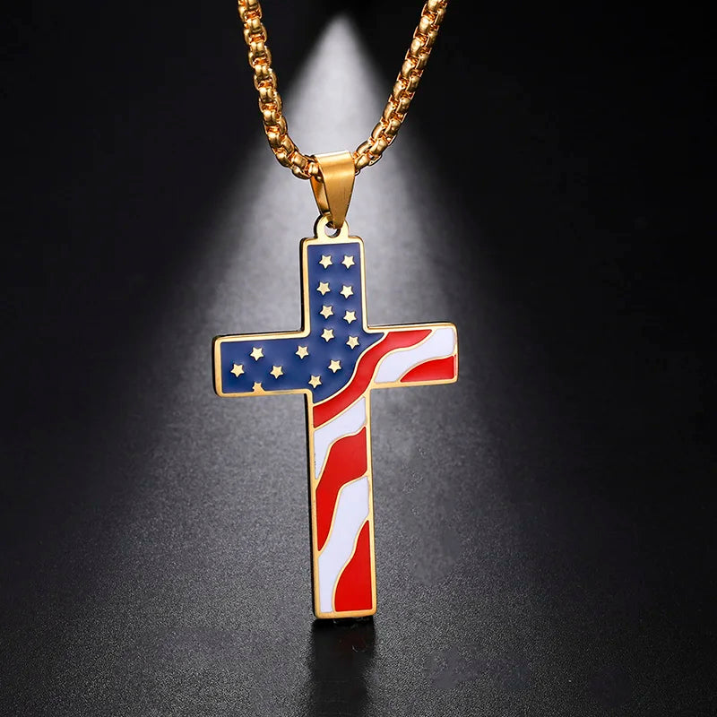 Fashion American Flag Necklaces Baseball Cross Necklace Men Stainless Steel Chain Enamel Jesus Religion Jewelry Amulet Gift