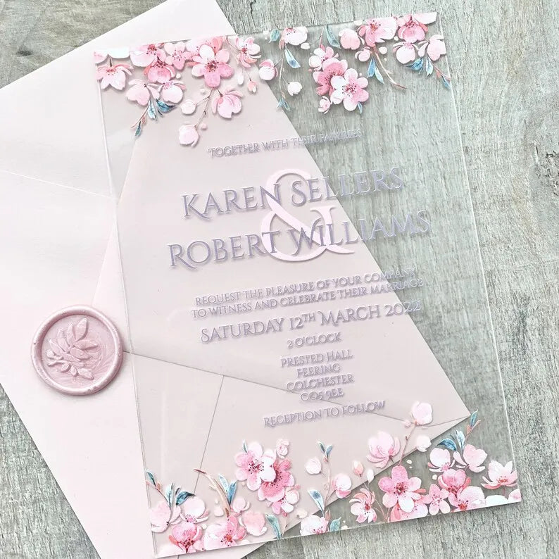 Luxury Perspex Sheet 5 X 7 Cherry Blossom Frost Acrylic pink Invitations Carte Mariage With Envelope Quinceanera Bridal Shower