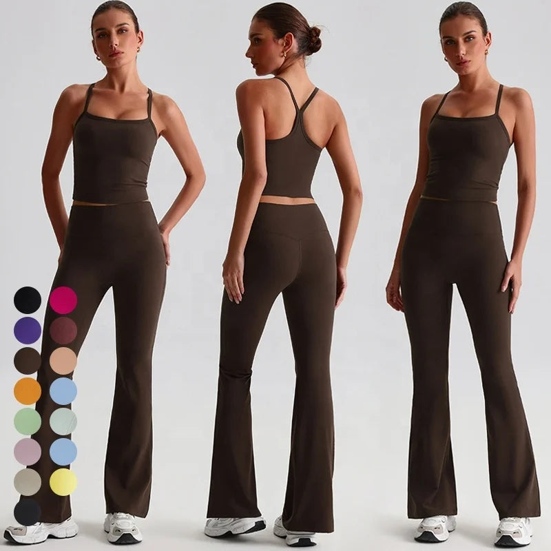 Custom High Elastic Breathable  2 Piece Sleeveless Workout Tank Top Flare Leggings Yoga Set Women Yoga Outfit Fitenss Gym Sets