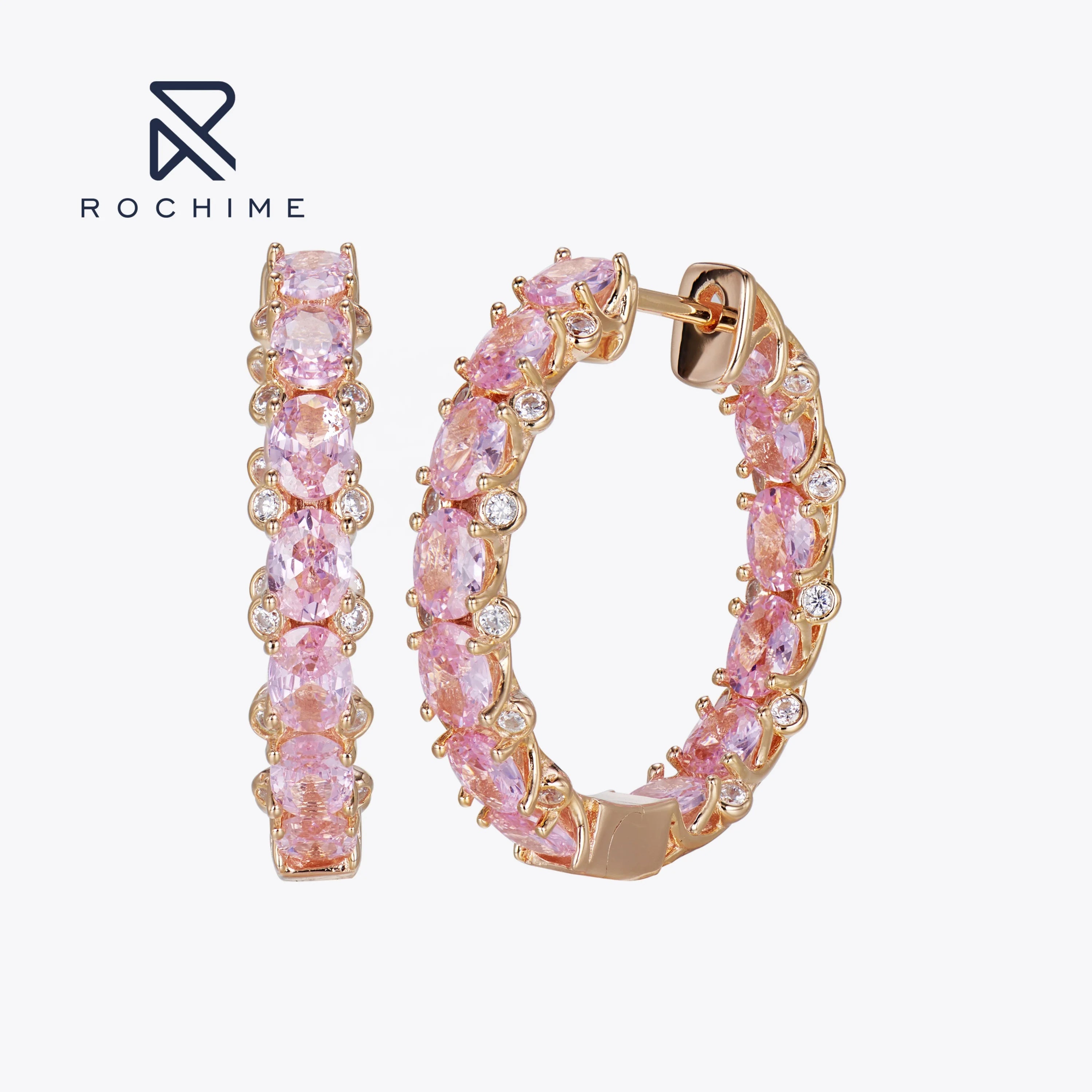 Rochime pink Gemstone Hoop Earrings  925 Sterling Silver Gold Plated Cubic Zirconia Jewelry for Women